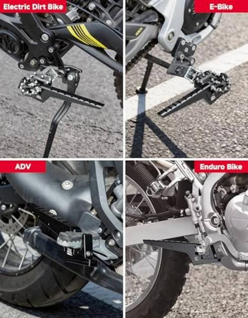 Black adjustable passenger footpegs fitted on different bikes with brackets and platforms