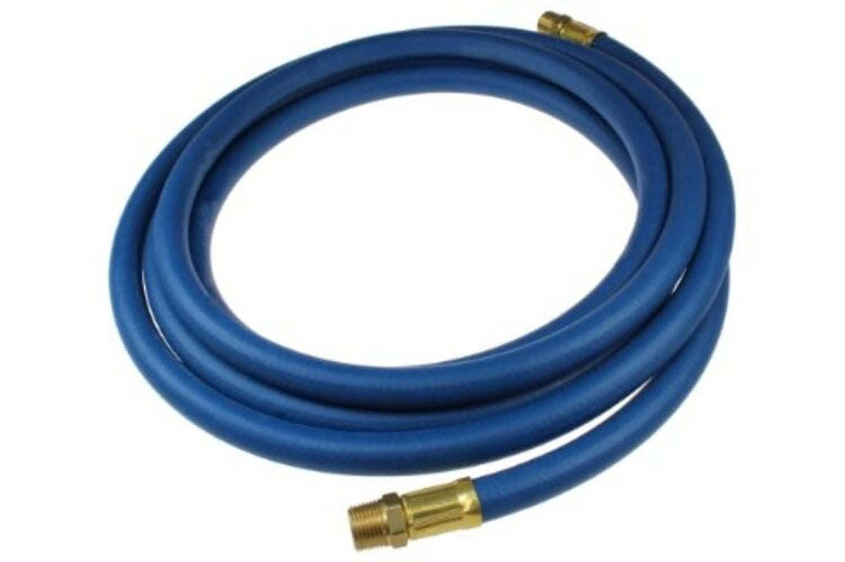 Coiled blue multipurpose hose with brass end fittings, 1/4 in ID