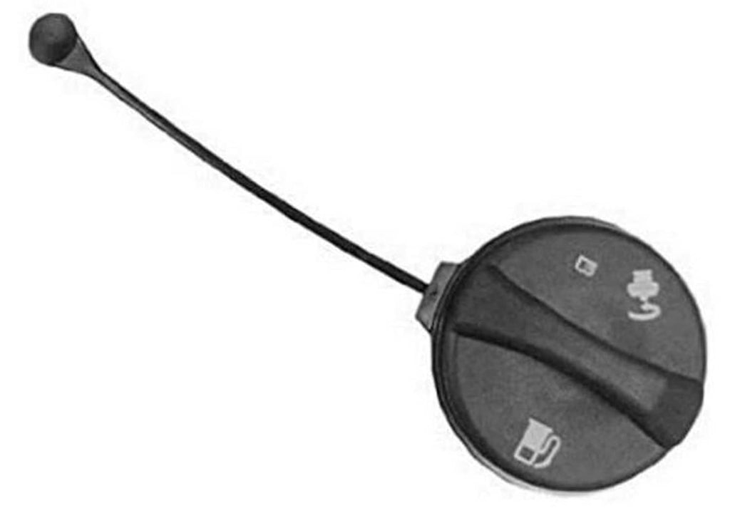 Fuel tank filler cap with tether strap, black circular cap with pump and key icons