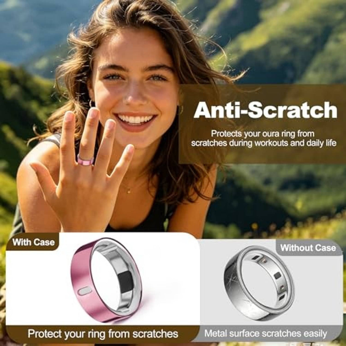 Pink ring cover on a hand outdoors, glossy outer band and protective inner fit