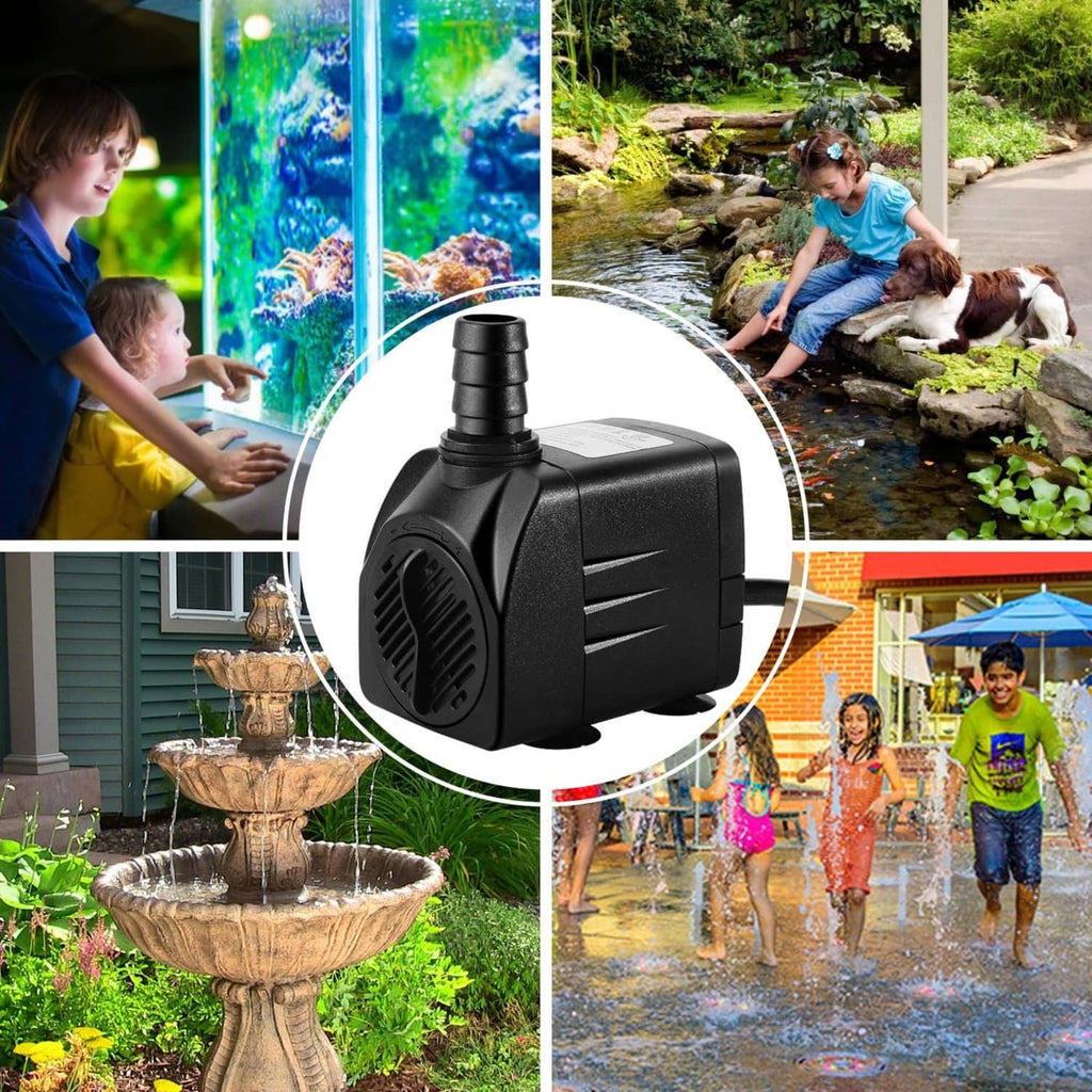 Submersible fountain water pump shown in multiple outdoor and aquarium setups