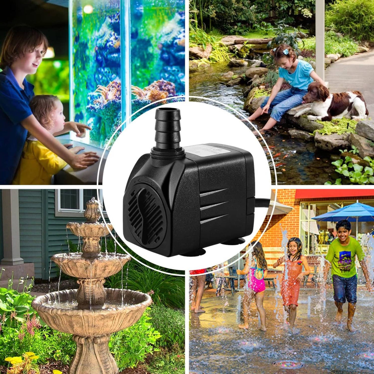 Submersible fountain water pump shown in multiple outdoor and aquarium setups