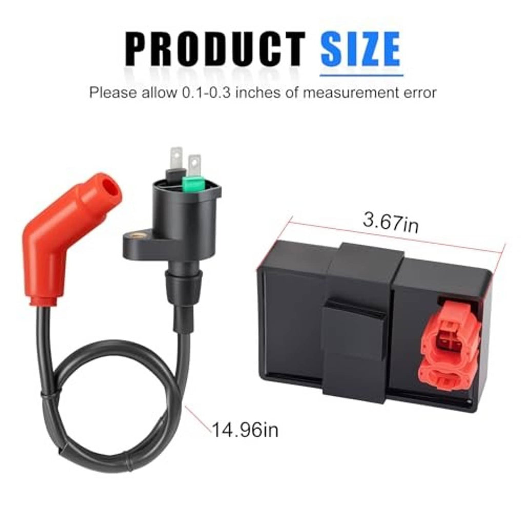 Ignition coil and CDI box with red connector and black housing, shown with size diagram
