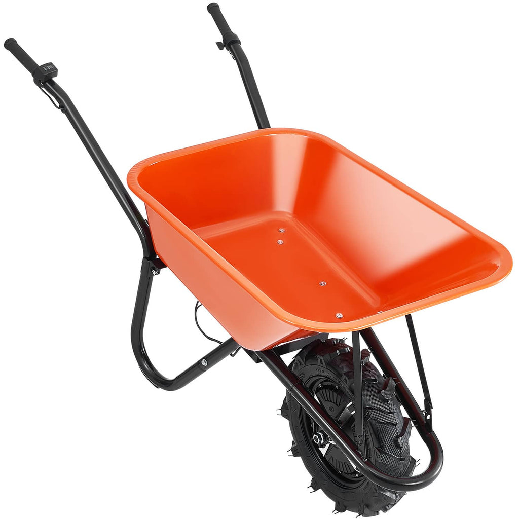 Orange empty electric one-wheel wheelbarrow cart with black frame and single thick tire