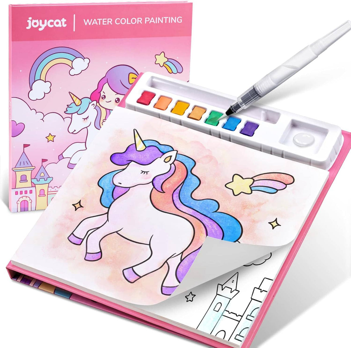 Watercolor painting book and brush pen featuring a unicorn illustration with star details
