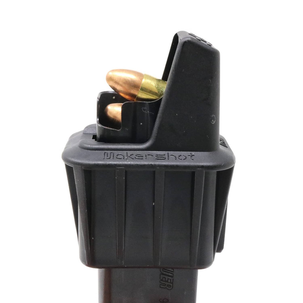 Black Makershot speed loader with brass rounds shown in angled top bay