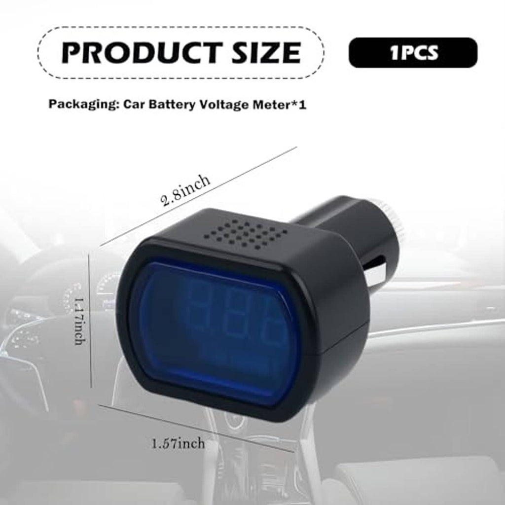 Black car battery voltage meter with blue LED screen on cigarette-lighter plug