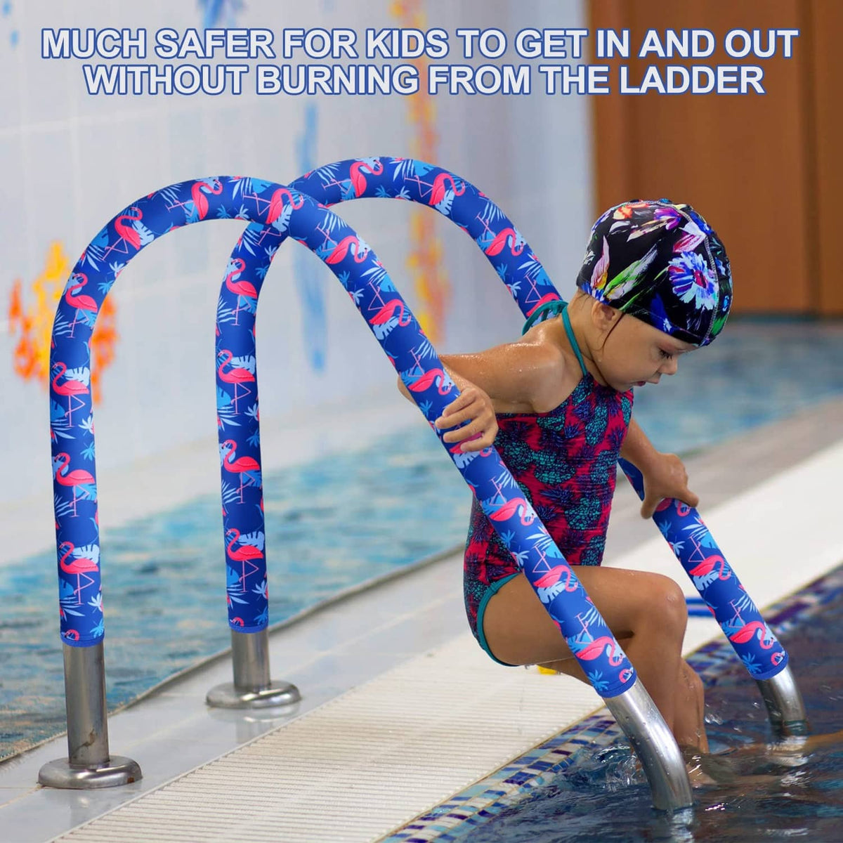 Blue flamingo-patterned pool handrail covers on stainless rails, safer grip for kids