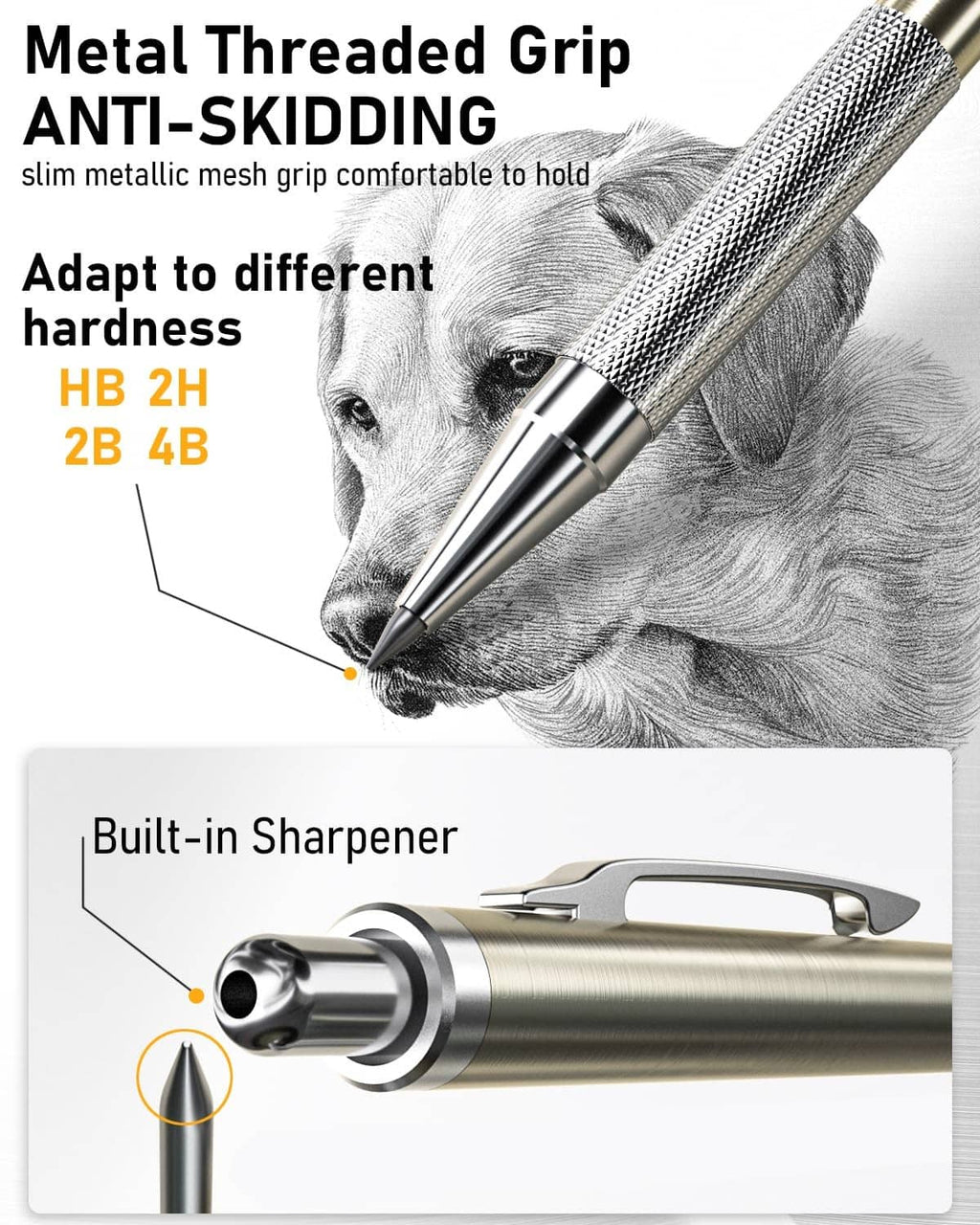 Mechanical pencil with anti-skidding metal mesh grip and built-in sharpener