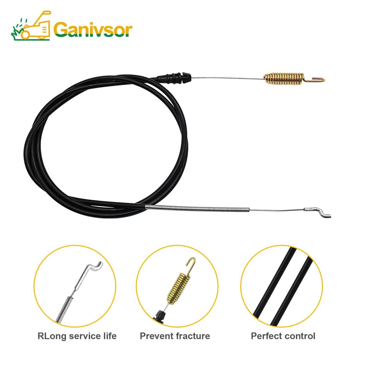 Ganivsor traction drive control cable with black wire, gold coil spring, and U-shaped hooks