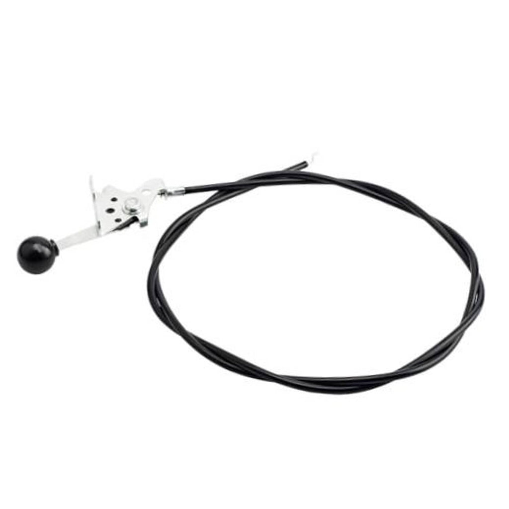 Lawn mower throttle control cable with black sheath and white lever bracket