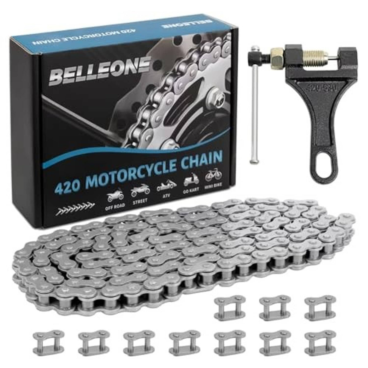 Motorcycle roller chain kit with metal chain links and chain breaker tool