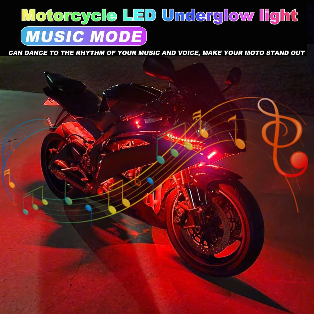 Music-reactive motorcycle LED underglow light kit with red glowing light strips