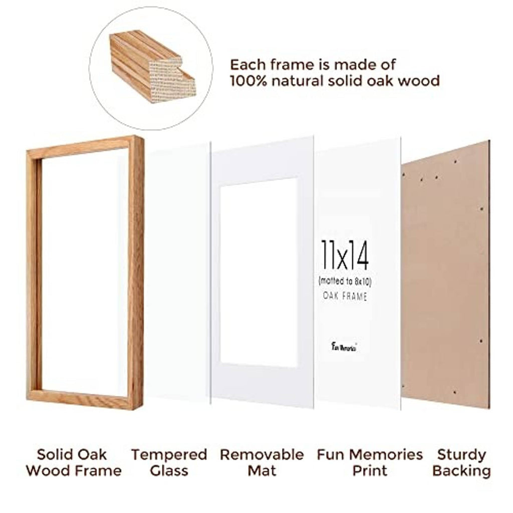 Solid oak wood 11x14 picture frame with tempered glass and removable mat