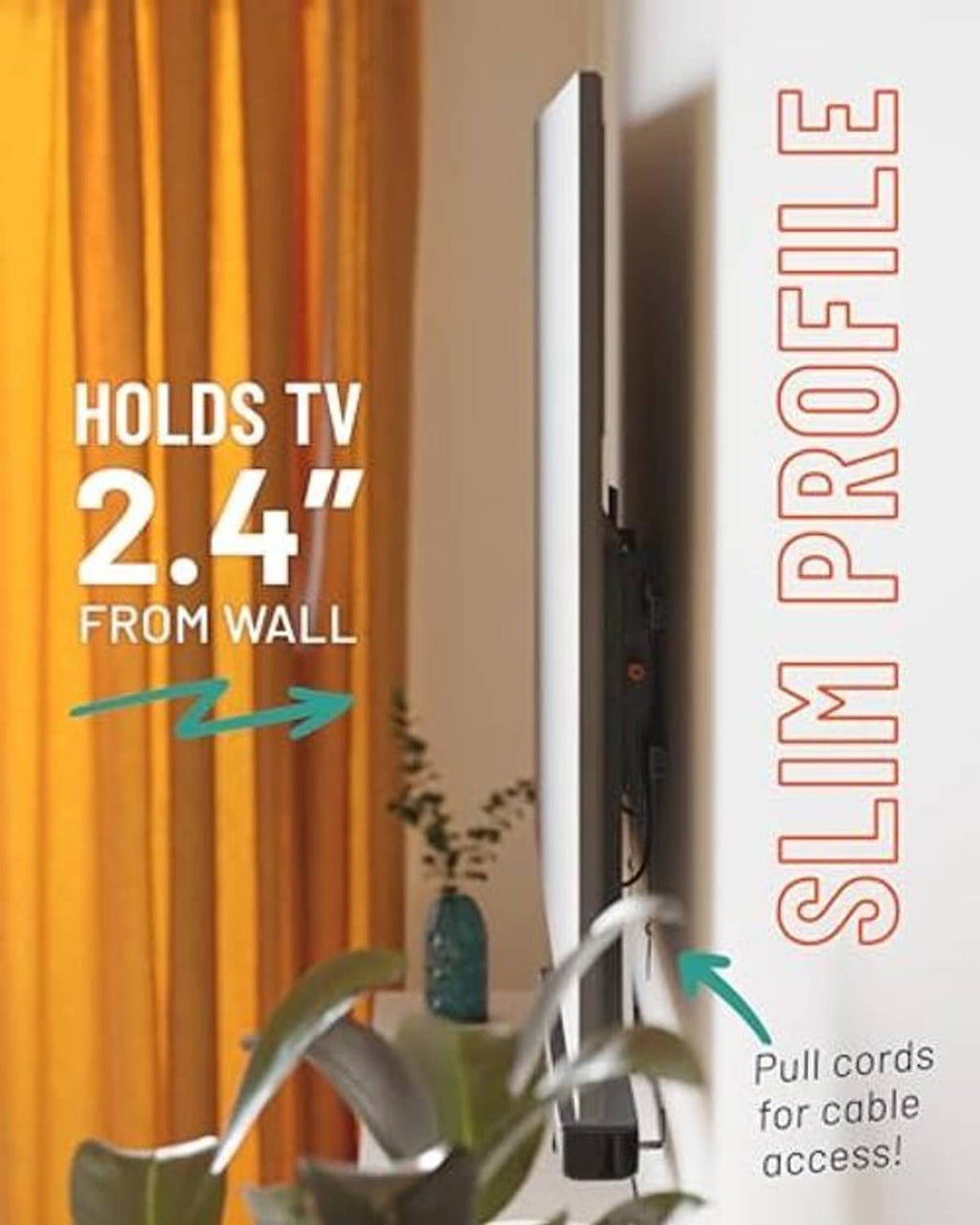 Low-profile wall TV mount bracket installed with pull-cord cable access, black