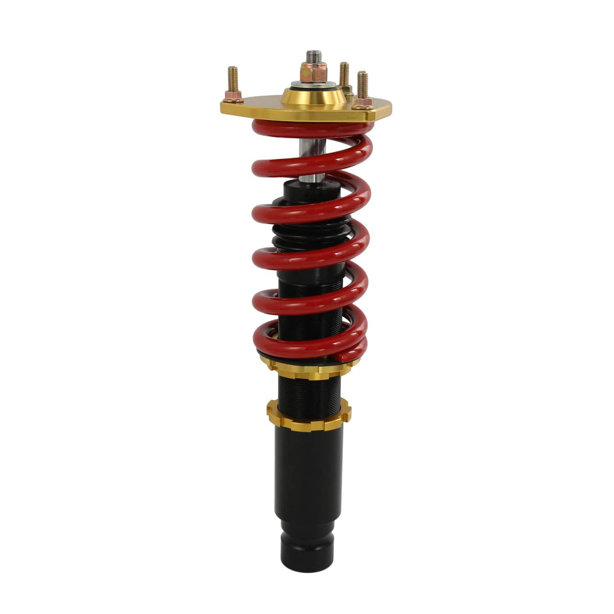Coilover assembly with red and black spring components and gold upper mount plate