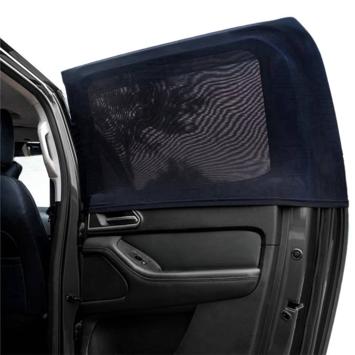 Black rear car window screen shade, mesh panel with dark fabric border