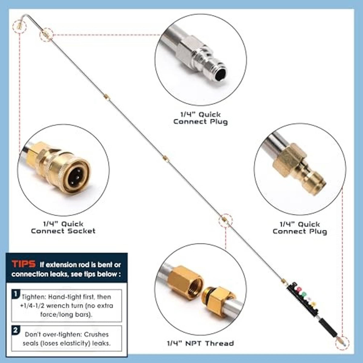 1/4 in quick-connect pressure washer extension wand plug with brass connectors and threads