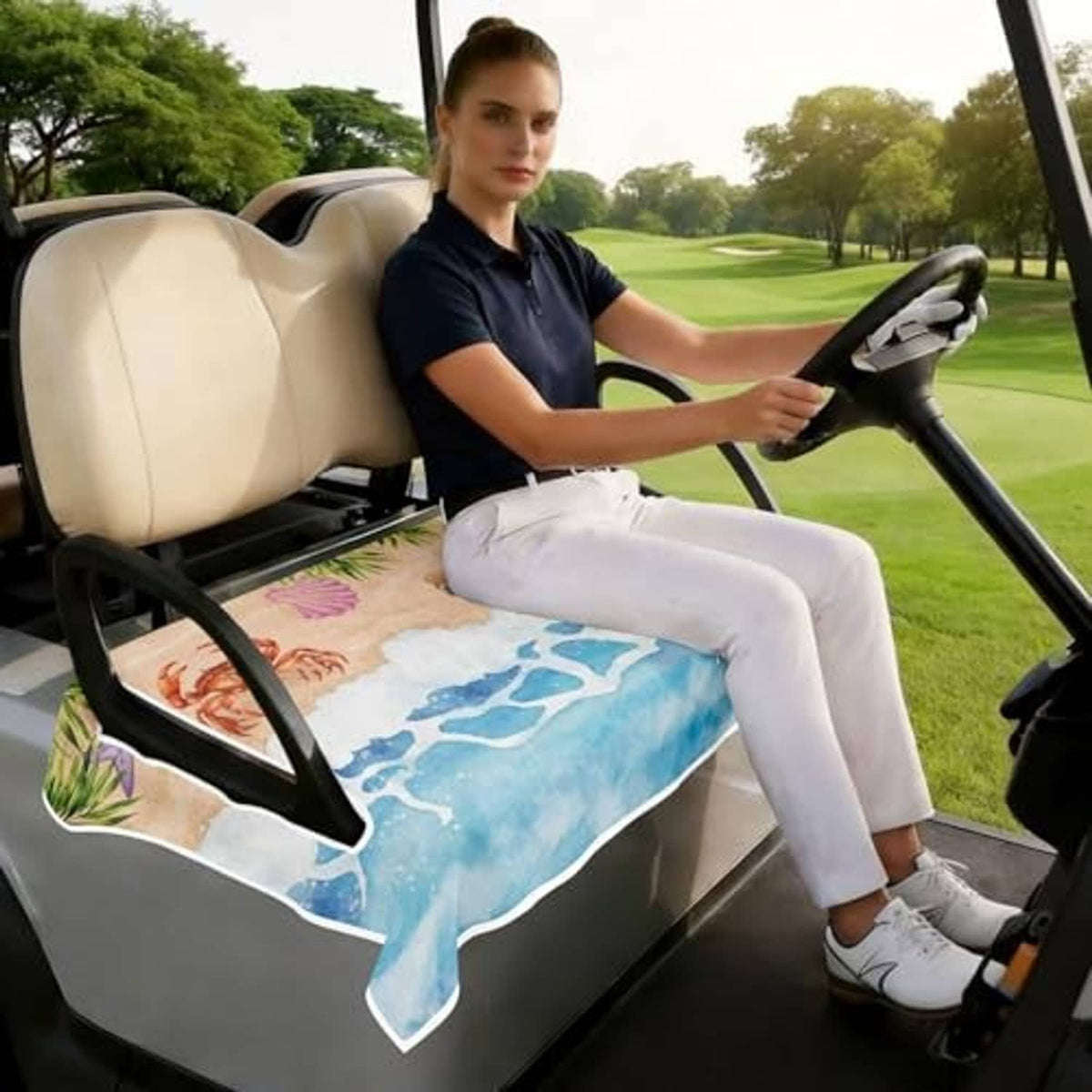 Golf cart seat cover with beach ocean print, crab and starfish on beige center
