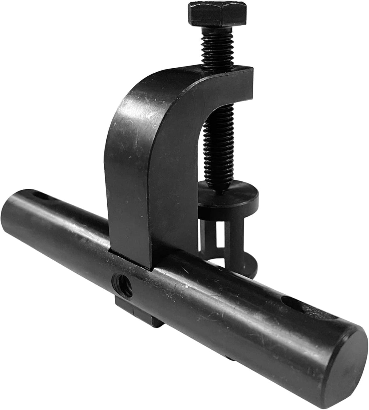 Black valve spring compressor tool with arched clamp frame and long bar handle