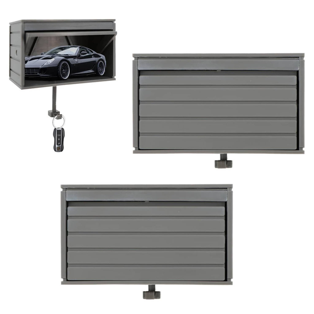 Gray wall-mounted garage-door key holder with hanging key and car display window