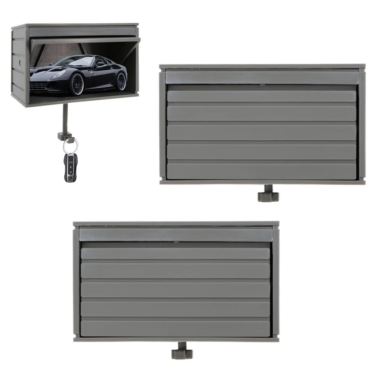 Gray wall-mounted garage-door key holder with hanging key and car display window