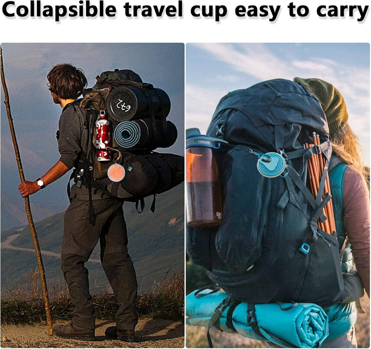 Collapsible travel cup shown on a backpack during outdoor hiking