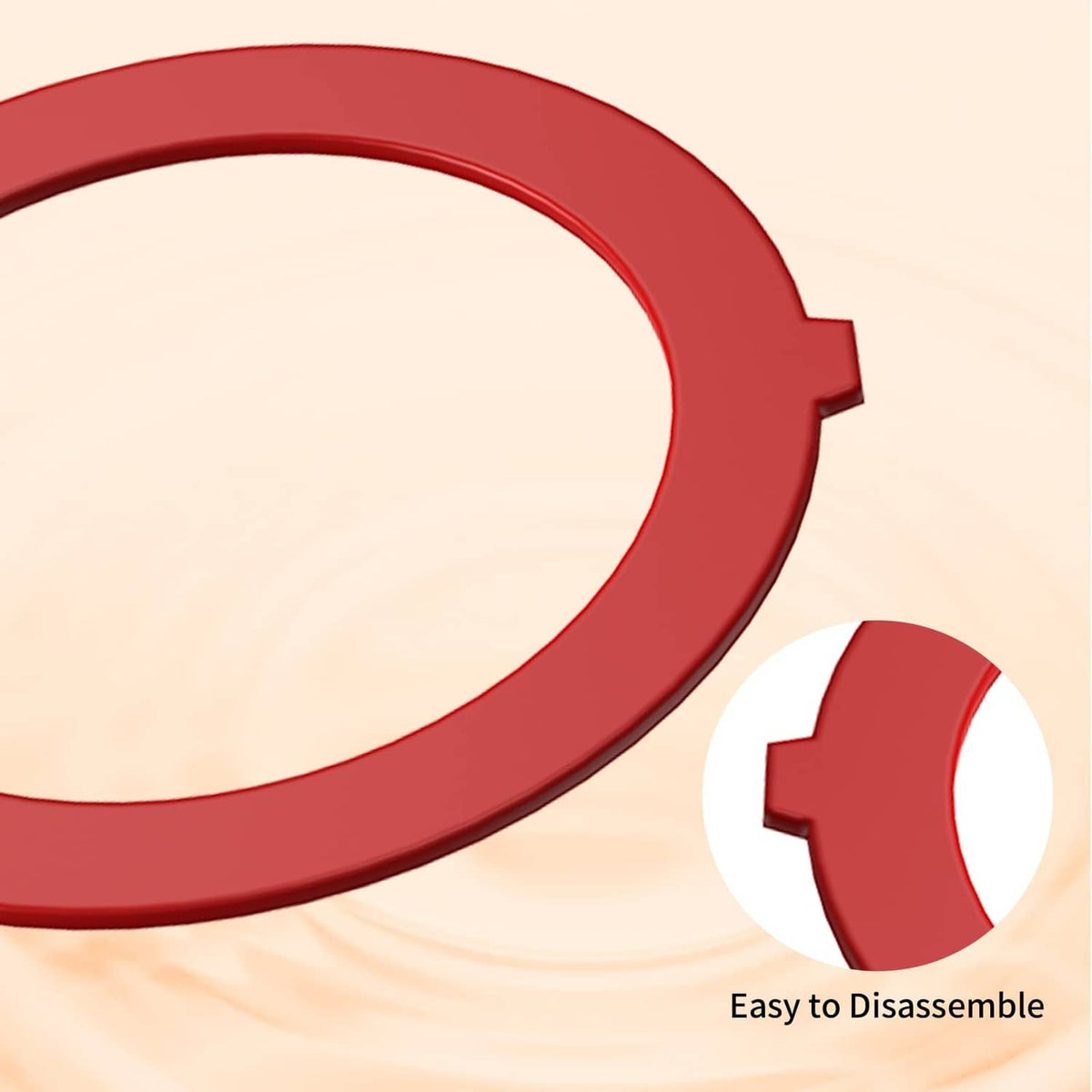 Red silicone flush valve seal ring close-up with side tab