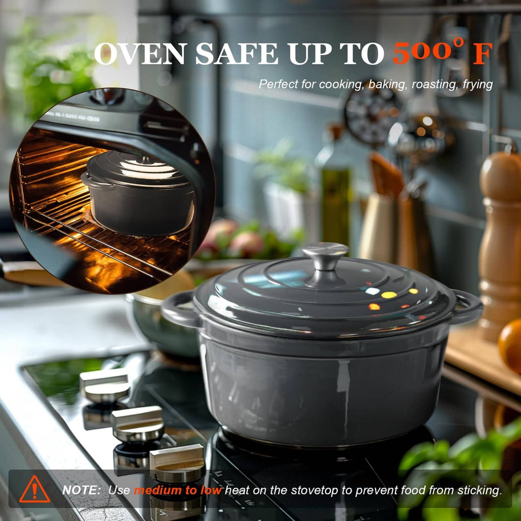 Grey enameled Dutch oven with lid knob on stovetop for oven-safe cooking