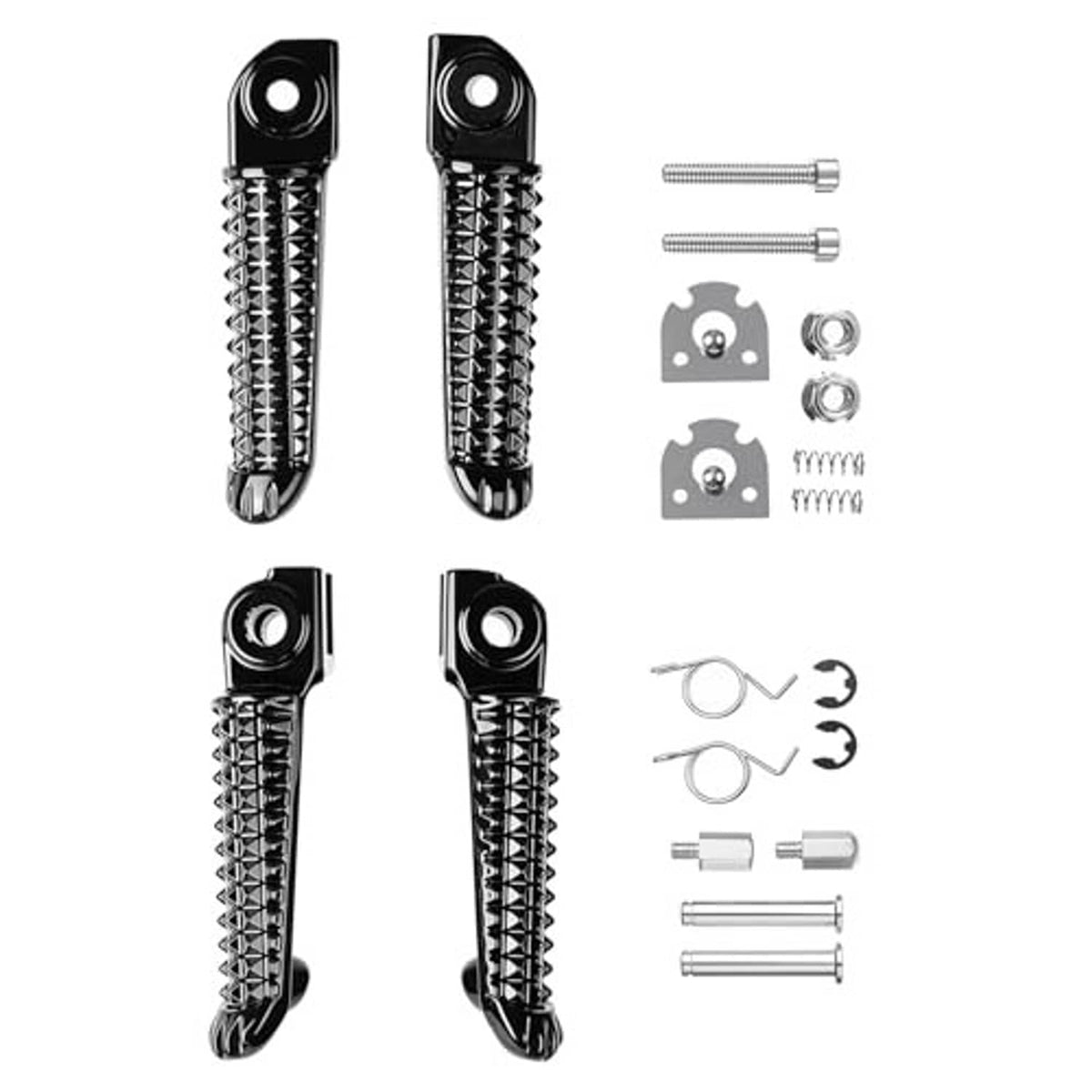 Front passenger foot peg set with diamond anti-slip pattern and mounting kit parts, black