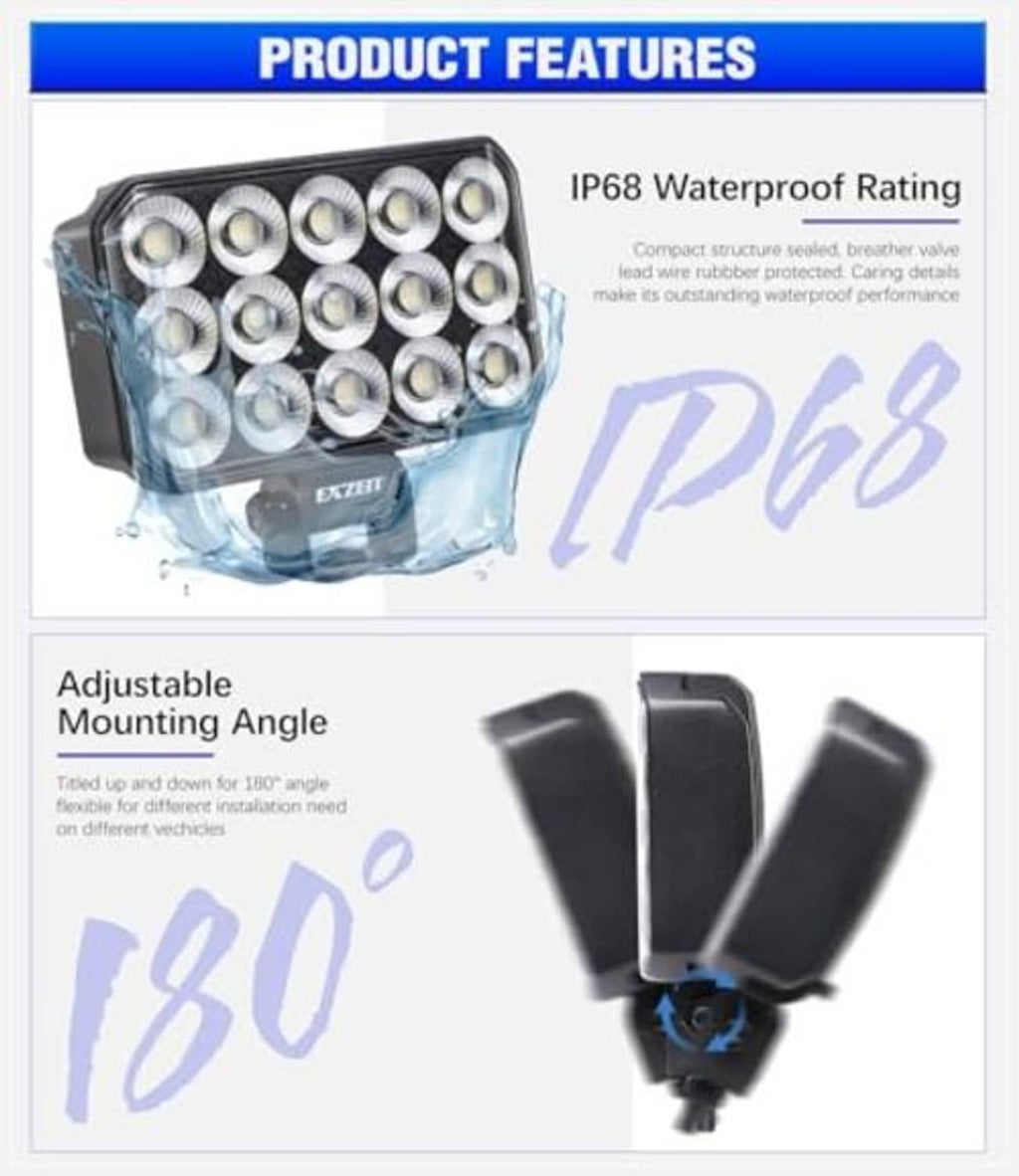 Pair of LED work lights with adjustable angle mounting and IP68 waterproof housing