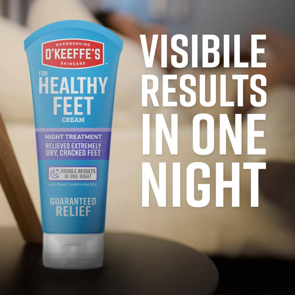 Healthy Feet night treatment foot cream tube, close-up on one side