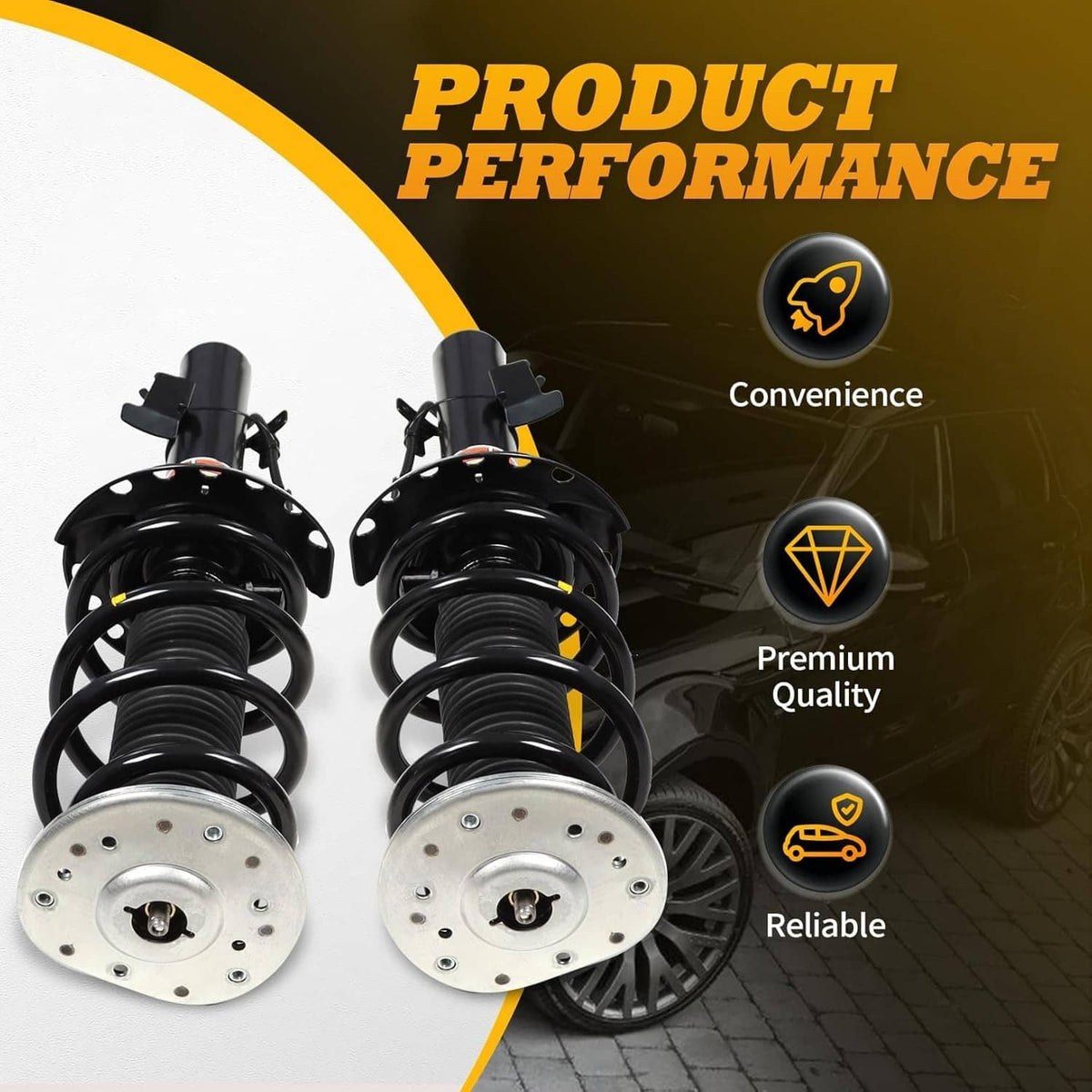 Pair of front shock absorber struts with black springs and silver top plates