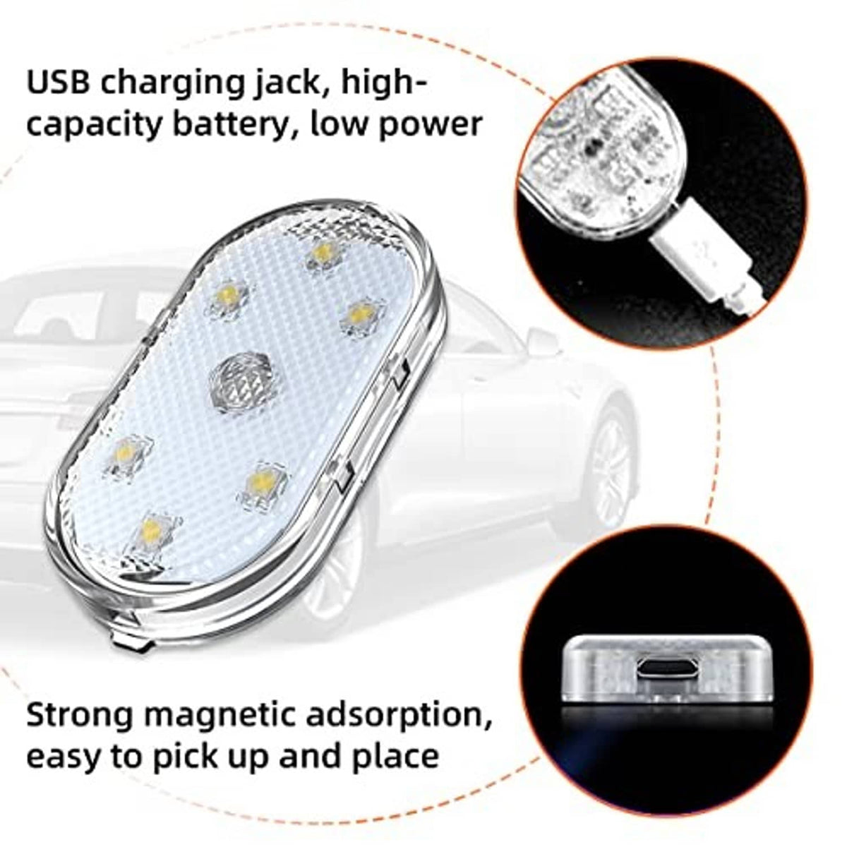 Car LED interior lights with USB charging cable, 2 oval white LED bulbs