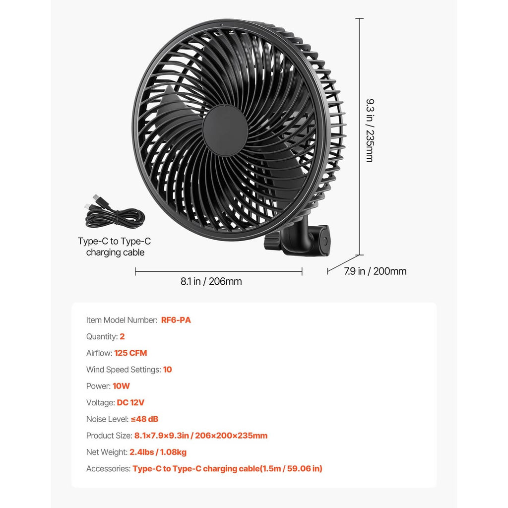 Black Type-C clip-on grow tent fan with charging port and compact cable