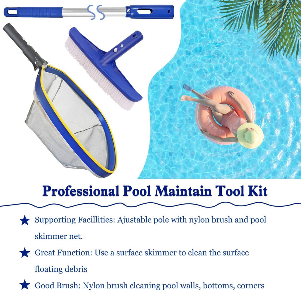 Pool brush head and oval skimmer net kit with blue and gray fabric bag