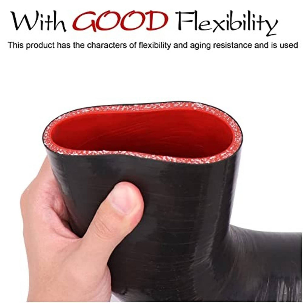 Black silicone elbow hose coupler with red inner lining, hand holding the end