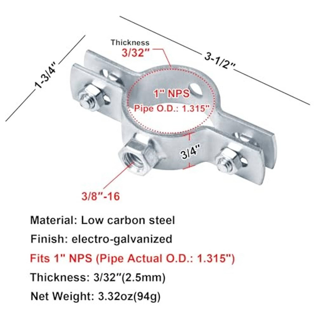 1 in NPS split ring pipe hanger, electro-galvanized steel, 3/32 in thick