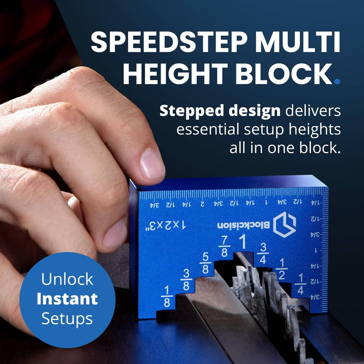 Blue stepped measuring block with engraved inch markings held by a hand