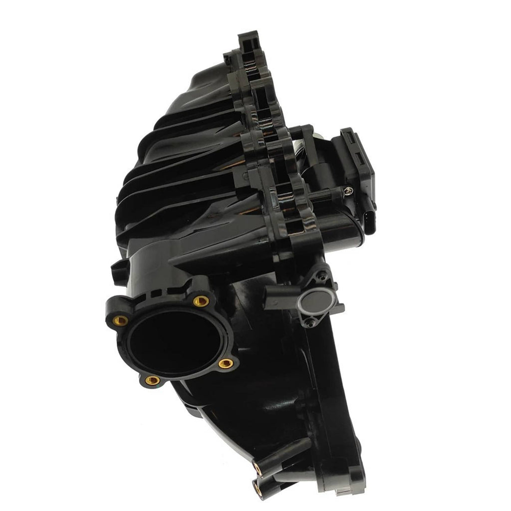 Black intake manifold with actuator and large round inlet, side view of engine part