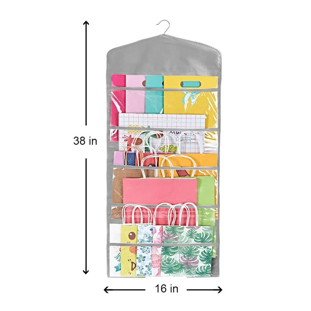 Gray hanging gift bag organizer with clear multi-pocket layout, measuring 38 in high.