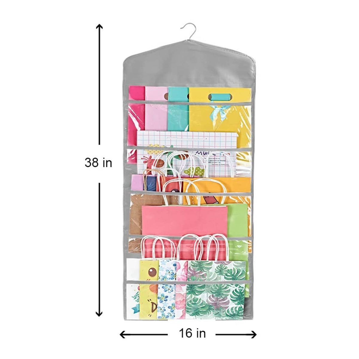 Gray hanging gift bag organizer with clear multi-pocket layout, measuring 38 in high.