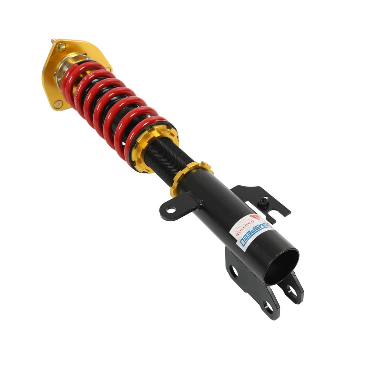 Coilover suspension strut with red spring, black shock, gold upper mount and bracket