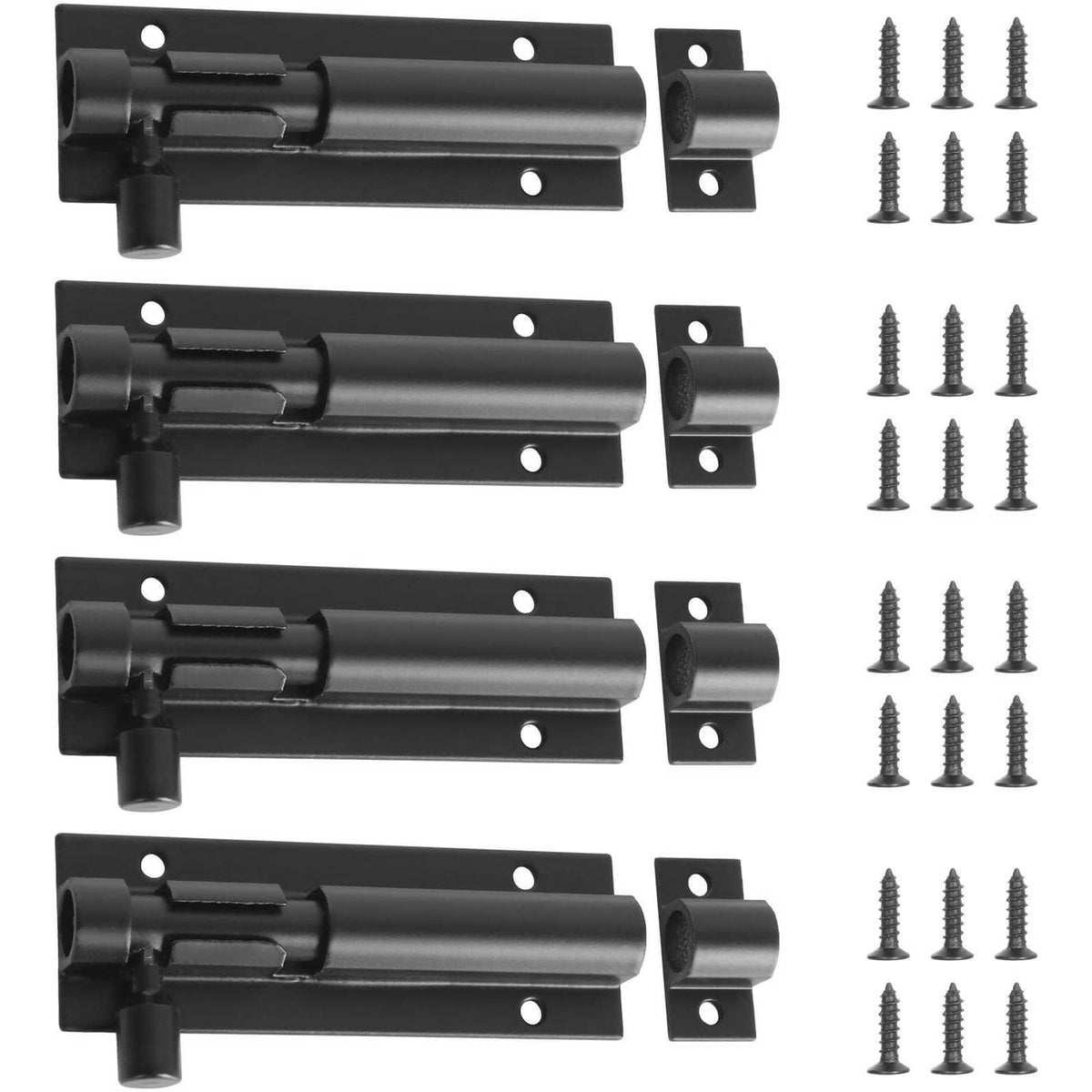 Black slide barrel bolt door latch set with mounting plates and screws (4-pack)