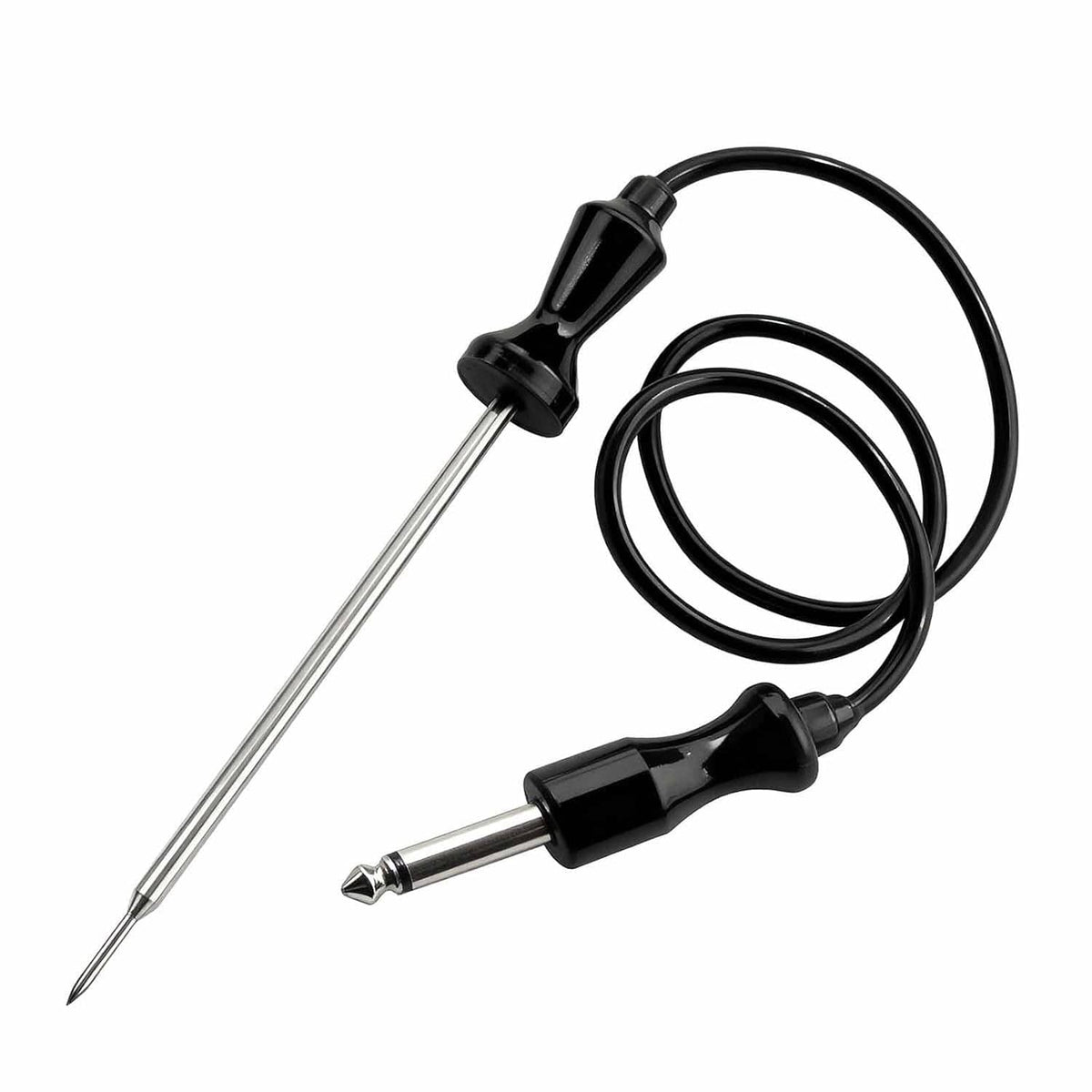 Replacement oven probe: stainless tip with black wiring and plug connector ends