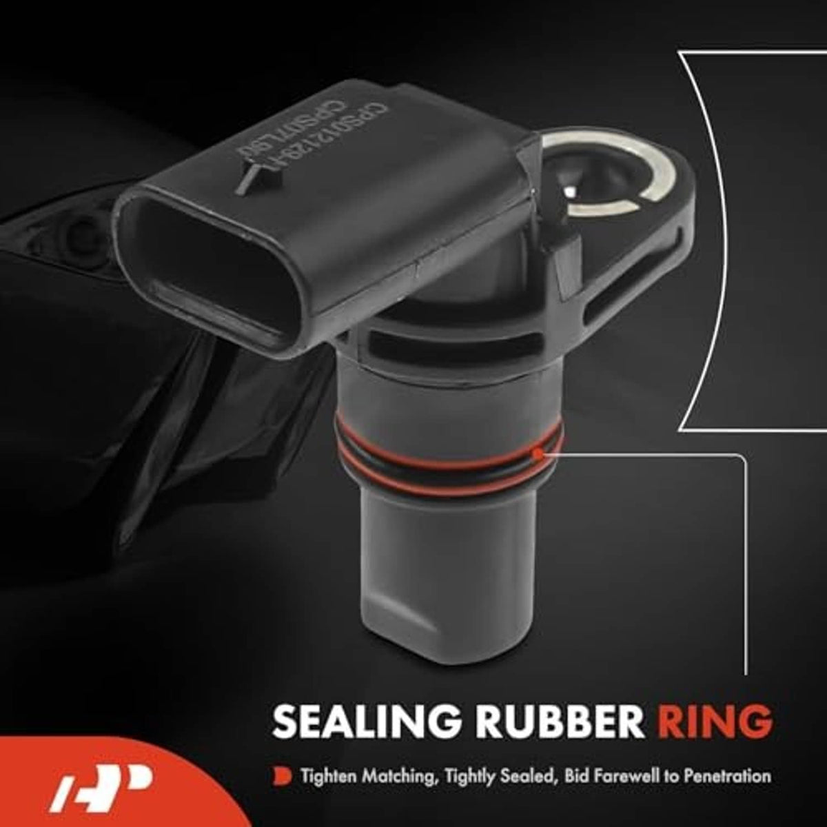 Engine camshaft position sensor close-up, black housing with sealing rubber ring
