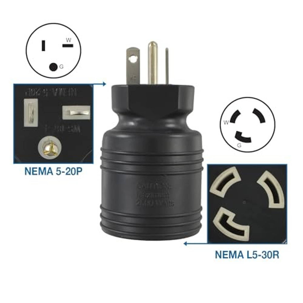 Black plug adapter with prongs and connection direction graphic