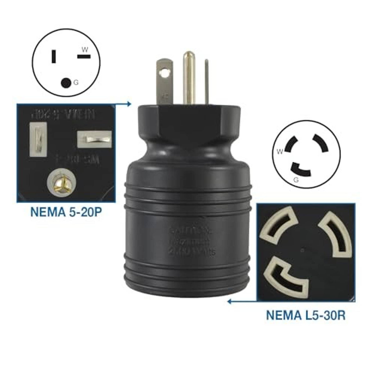 Black plug adapter with prongs and connection direction graphic