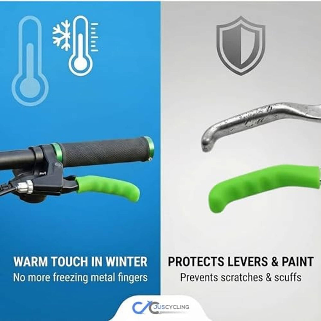Silicone brake lever sleeve on handlebar, green anti-slip grip for comfort and control.