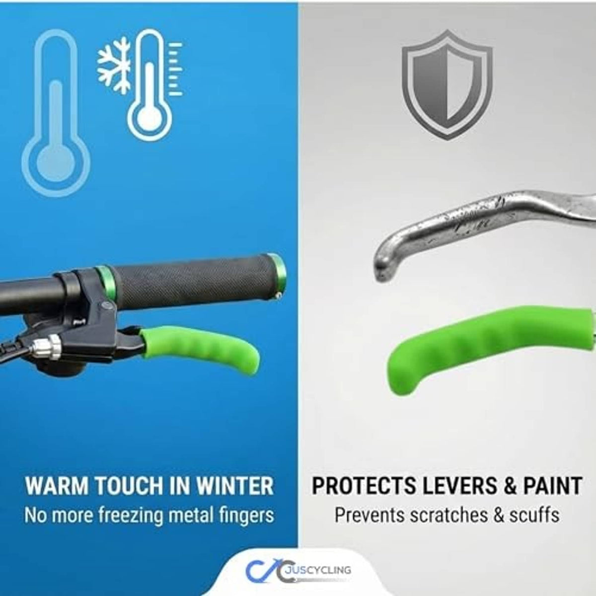 Silicone brake lever sleeve on handlebar, green anti-slip grip for comfort and control.